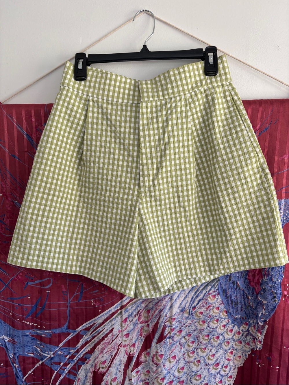 Zara Green and White Gingham High-Waist Shorts